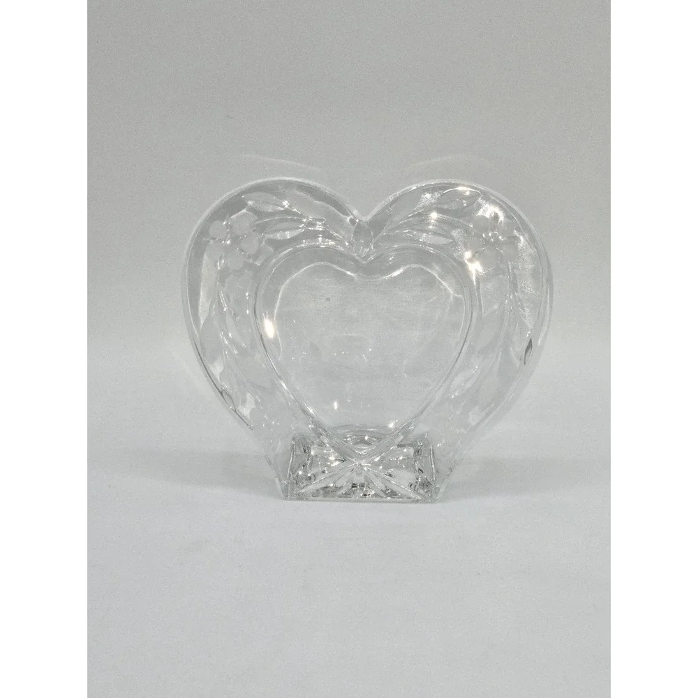 Vintage Crystal Heart Picture Frame Etched Floral Glass Freestanding Photo Frame